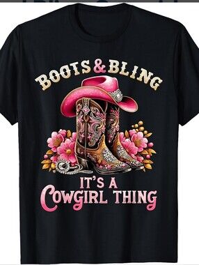 Boots & Bling It’s a Cowgirl Thing Graphic Tee - Black & Pink Size: 5XL